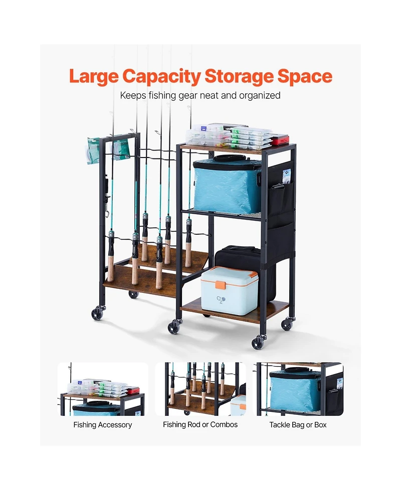 Sugift 12 Rod Mobile Fishing Rod Rack with Storage Shelves and 6 Locking Caster Wheels