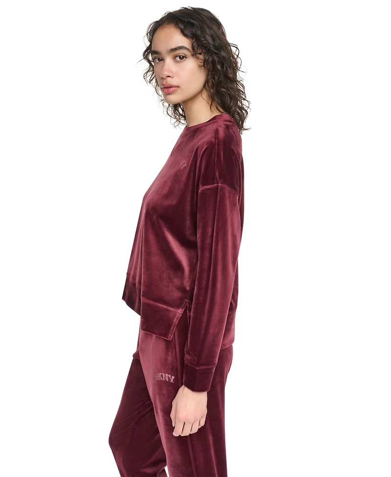 Dkny Sport Women's Velour Relaxed-Fit High-Low Crewneck Pullover Top with Varsity Rhinestone Logo