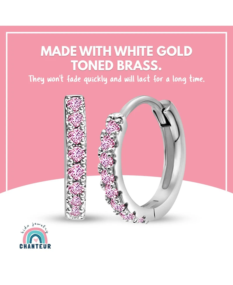Chanteur Girls /Girl/Round Crystal White Gold Palladium Plating Pink Crystal Huggie Hoop Earrings