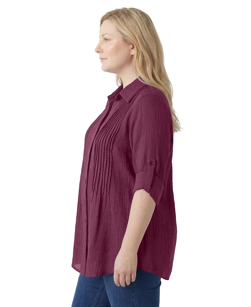 Woman Within Plus Pintucked Button Down Gauze Shirt