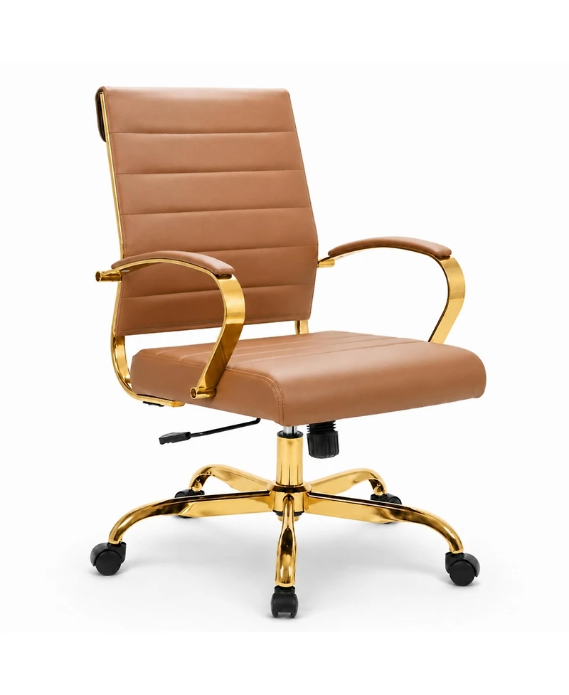 LeisureMod Benmar Leather Office Chair with Gold Accents, Adjustable Height, Swivel, Ergonomic Design for Home Office or Workspace