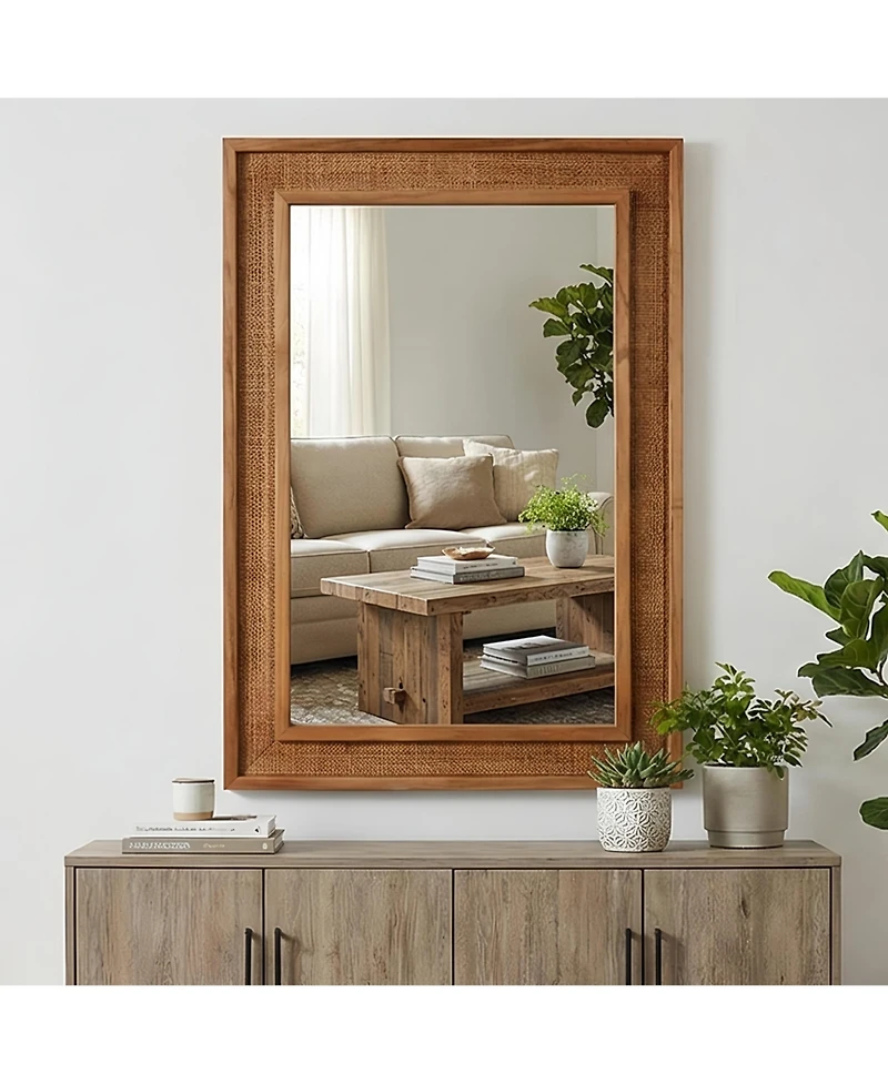 Phying Rectangular Rattan Wall Mirror 20x30 Inch Solid Wood Frame Farmhouse Decorative Vanity Mirror Aesthetic Wall Art for Home Bathroom