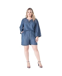 Standards & Practices Plus Barbie Bell-Sleeve Lace-Up V-Neck Denim Romper