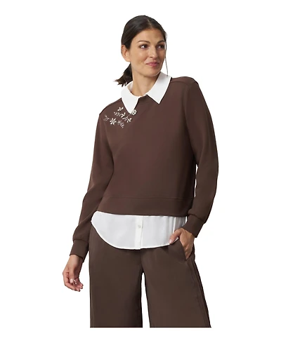 Cable & Gauge Women's Collared Long-Sleeve Embellished Twofer Top