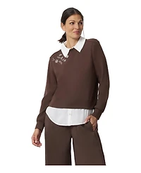 Cable & Gauge Women's Collared Long-Sleeve Embellished Twofer Top