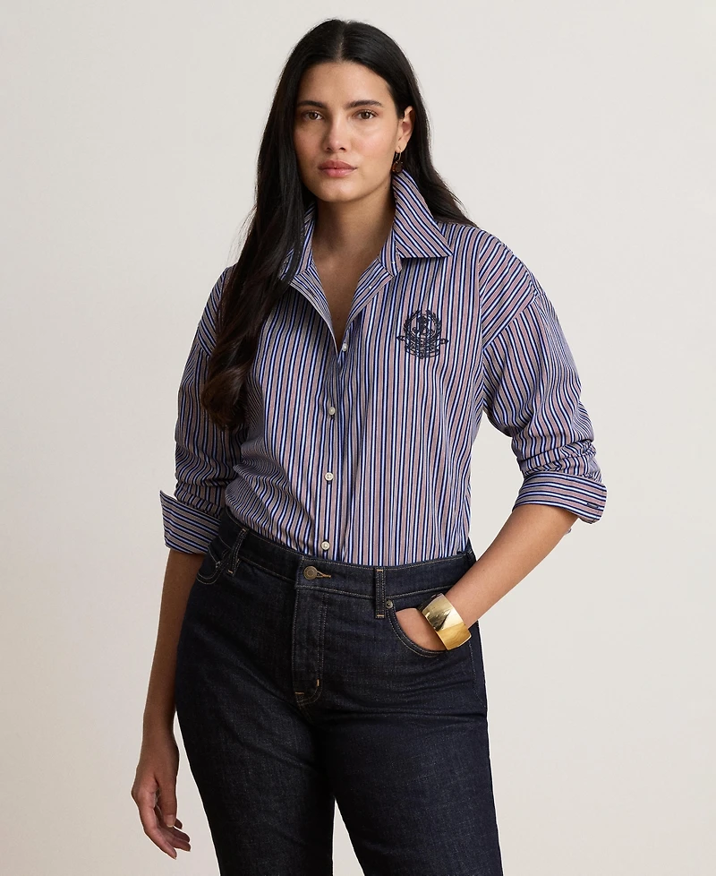 Lauren Ralph Women's Striped Point-Collar Relaxed-Fit Button-Down Shirt