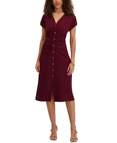Kensie Women's V-Neck Short-Sleeve Midi Shirt Dress