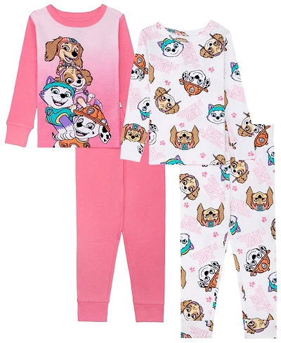 Ame Toddler Girls' 2T-4T Paw Patrol Character Print Cotton Snug-Fit Top and Pants, 4-Piece Pajama Set