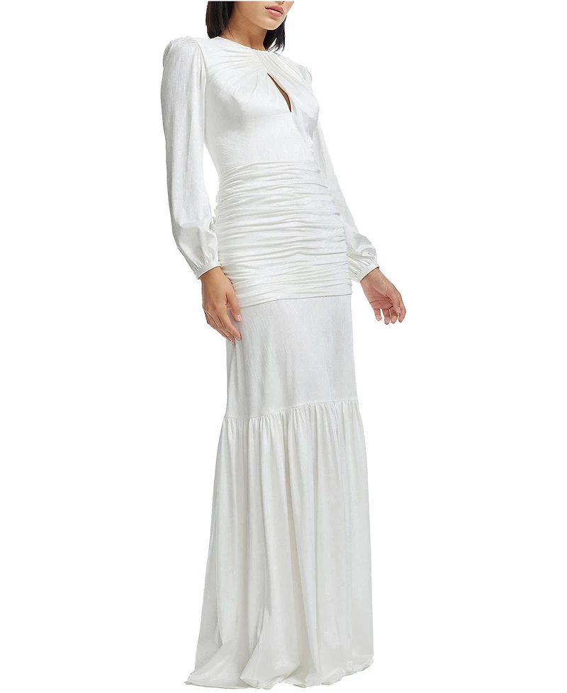 Dress The Population Women's Lucille Long Sleeve Keyhole Neck Ruched Tiered Gown