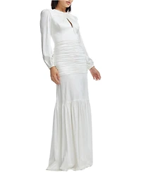 Dress The Population Women's Lucille Long Sleeve Keyhole Neck Ruched Tiered Gown