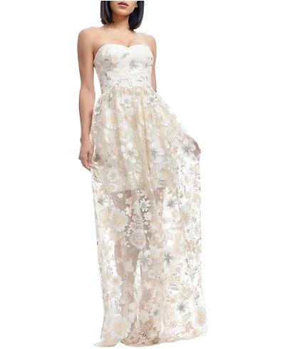 Dress The Population Women's Audrina Strapless Sweetheart 3D Floral Applique Sheer Overlay Gown