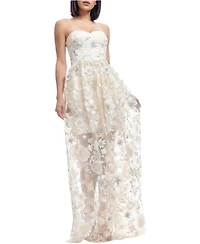 Dress The Population Women's Audrina Strapless Sweetheart 3D Floral Applique Sheer Overlay Gown