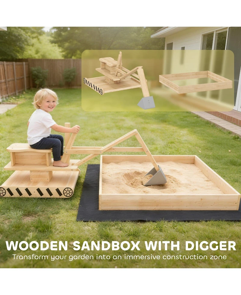 Glintex Wooden Sandbox with 360-Degree Digger and Liner, 72" x 35", Holds 440 lbs of Sand, Ages 3-6