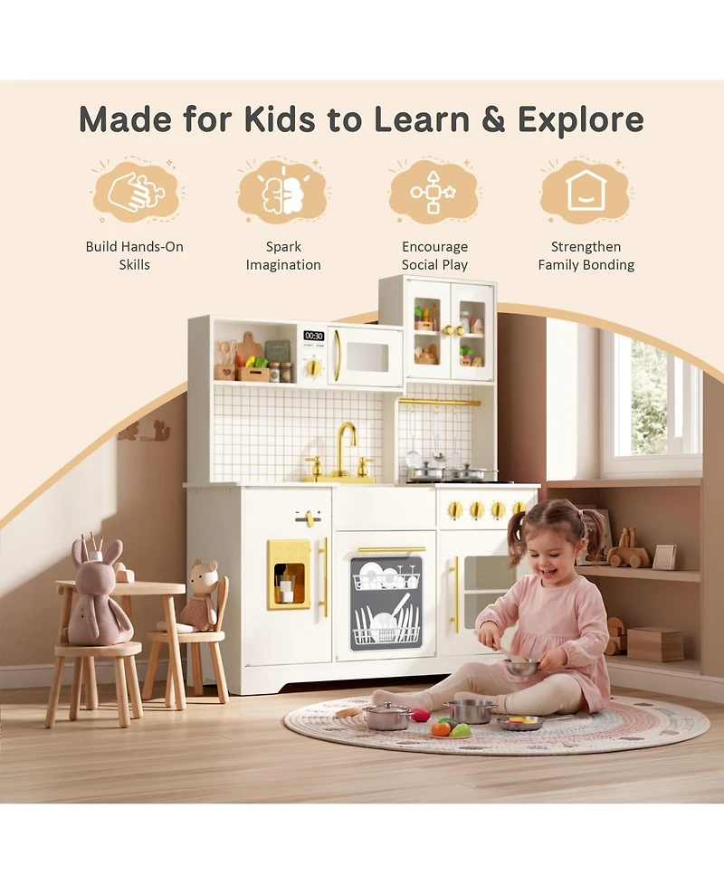Kinder King Kids Play Kitchen, Wooden Toy Kitchen Playset for Toddler, Pretend Oven, Microwave