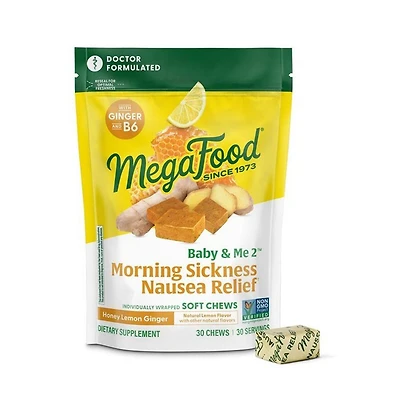 MegaFood Baby and Me 2 Morning Sickness Nausea Relief Soft Chews with Vitamin B6 and Ginger, Honey Lemon Ginger 30 Soft Chews