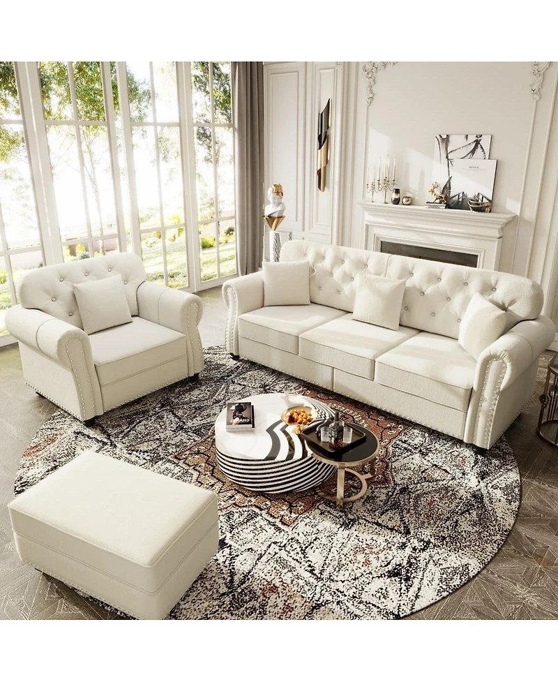 Maison Boucle Velvet Accent Chair with Ottoman, Tufted Nailhead Rolled Arms, Pillow