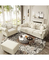 Maison Boucle Velvet Accent Chair with Ottoman, Tufted Nailhead Rolled Arms, Pillow