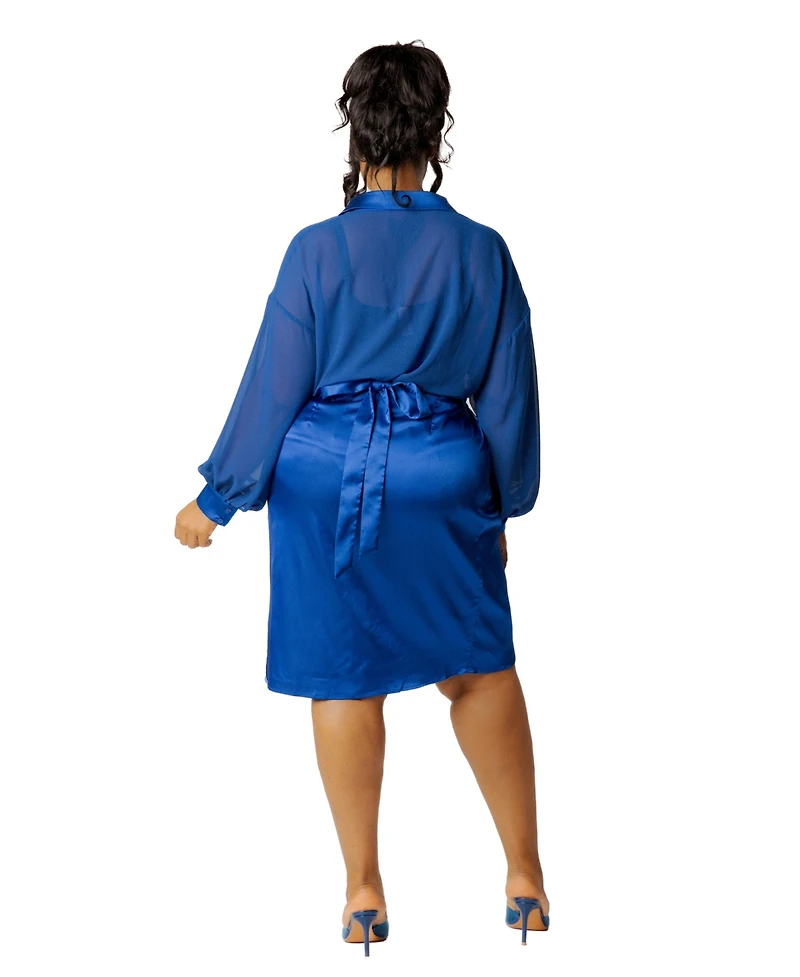 Buxom Couture Plus Size Satin Ruffle Peplum Long-Sleeve Top and Skirt Set