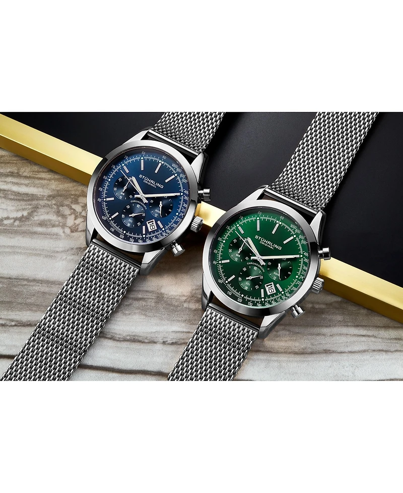 Stuhrling Rialto 3975.9 Men s Chronograph Watch – Quartz Movement, 44mm Silver-Tone Case, Green Dial, Stainless Steel Mesh Bracelet