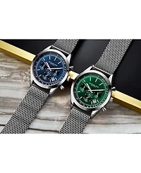 Stuhrling Rialto 3975.9 Men s Chronograph Watch – Quartz Movement, 44mm Silver-Tone Case, Green Dial, Stainless Steel Mesh Bracelet