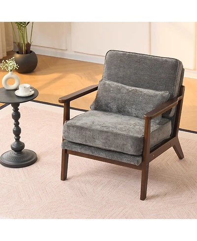 Rainsken Upholstered Mid Century Modern Accent Chair with Straight Wood Armrests and Lumbar Pillow