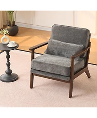 Rainsken Upholstered Mid Century Modern Accent Chair with Straight Wood Armrests and Lumbar Pillow