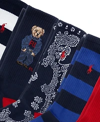 Polo Ralph Lauren Men's Rl Denim Bear Ribbed Reinforced Heel and Toe Crew Socks, 6-Pack