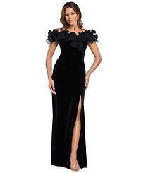 Xscape Women's Velvet Off-the-Shoulder Ruffled Long Gown