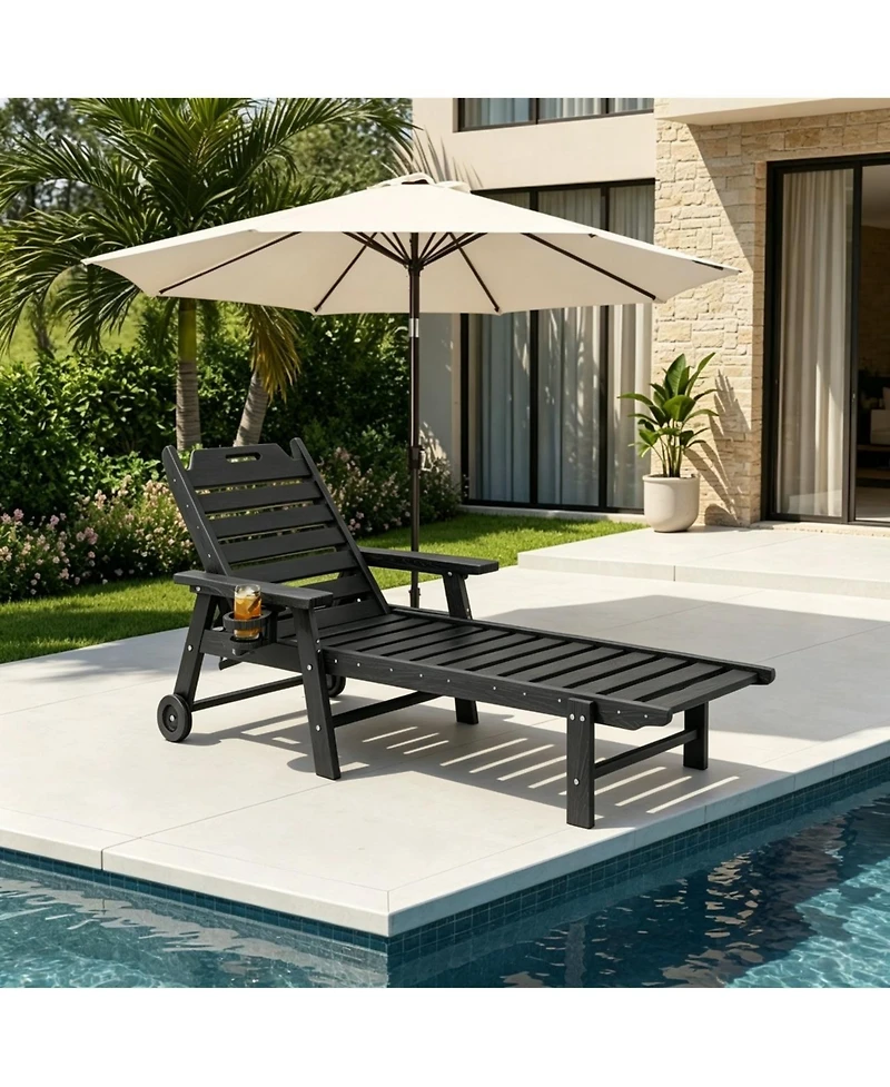 GarveeLife Rolling Outdoor Chaise Lounge Chair, 5-Position Adjustable Backrest, Wheels, Cup Holder for Deck, Garden, Backyard