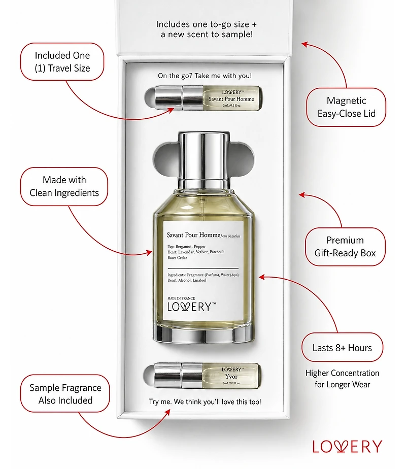 Lovery Savant Pour Homme Eau de Parfum 3pc Gift Set - 3.4fl oz Mens Perfume Gift Set with Mini Perfume and Free Gift Sample