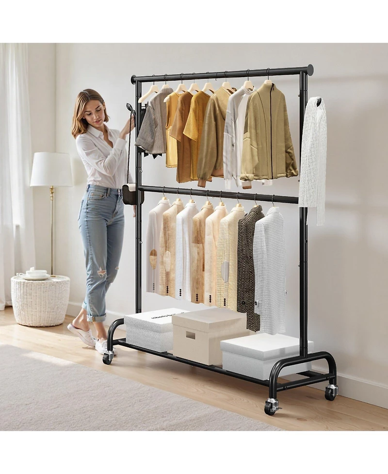 Slickblue Carbon Steel Rolling Garment Rack with Adjustable Rod, Side Hooks and Locking Wheels