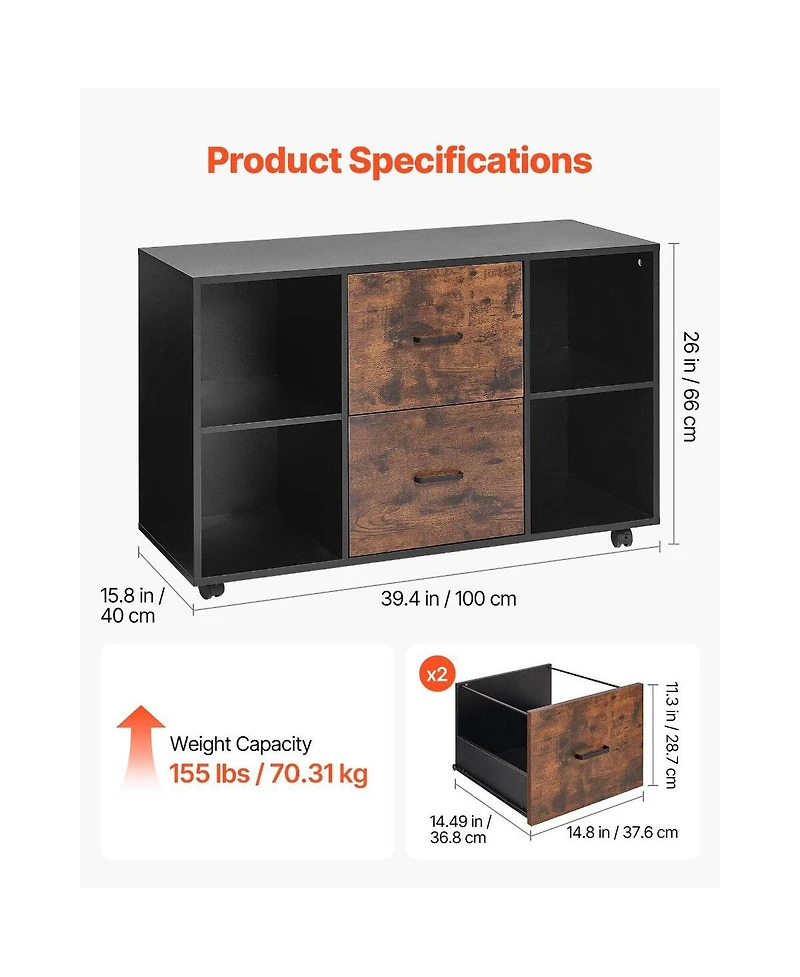 Slickblue 2 Drawer Mobile File Cabinet with Open Storage Shelves