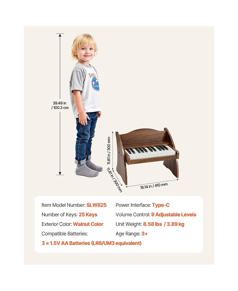 Sugift 25-Key Wooden Dual-Power Digital Piano Keyboard, Ages 2+