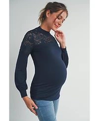 Hello Miz Maternity Floral-Lace Yoke Mock-Neck Long-Sleeve Top