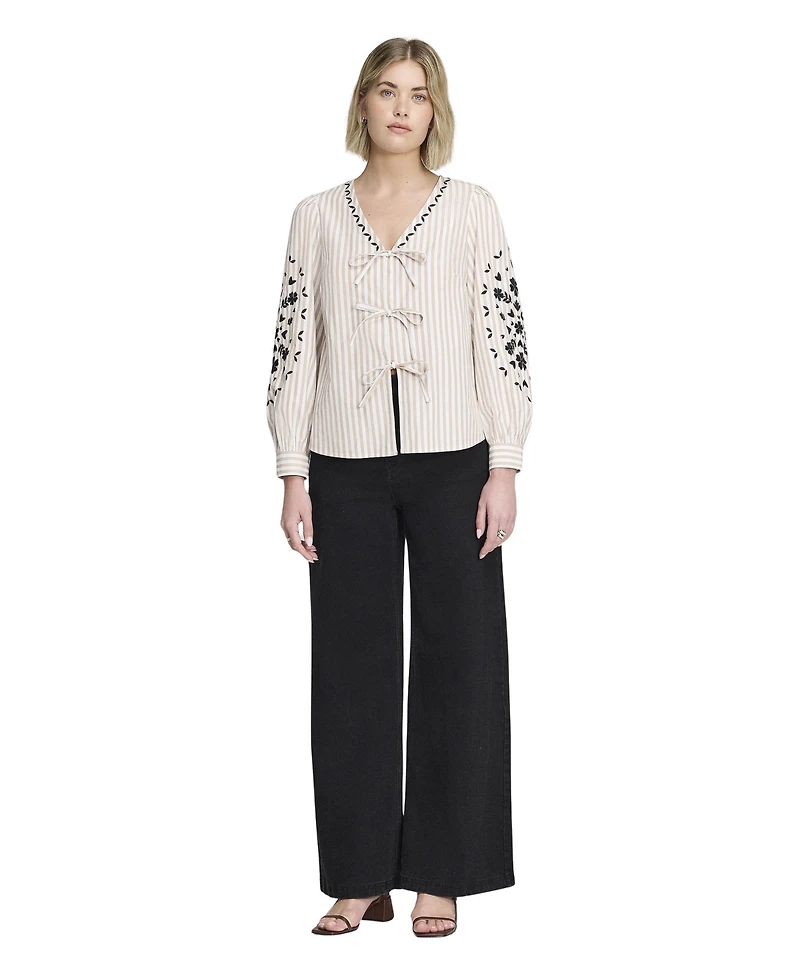 Finery London Women's Karlee Striped Tie-Front Long-Sleeve Top