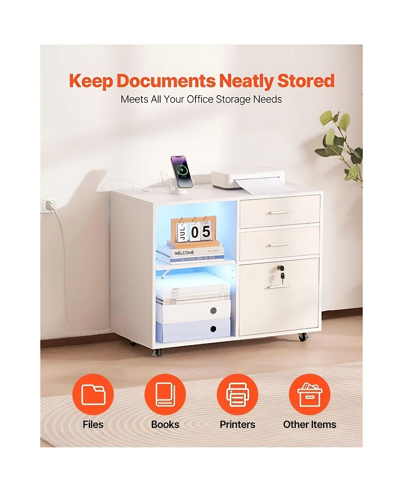 Slickblue 3 Drawer Mobile File Cabinet with Led Light and Storage Shelves