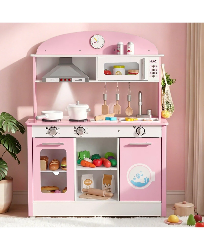 Sugift Lights and Sounds Wooden Play Kitchen With Cookware and Food Accessories, Ages 3+