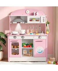 Sugift Lights and Sounds Wooden Play Kitchen With Cookware and Food Accessories, Ages 3+