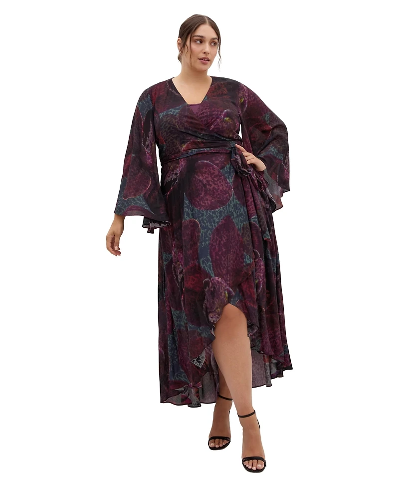 City Chic Women's Plus Evangeline V-Neck Bell-Sleeve Floral-Print Wrap Maxi Dress