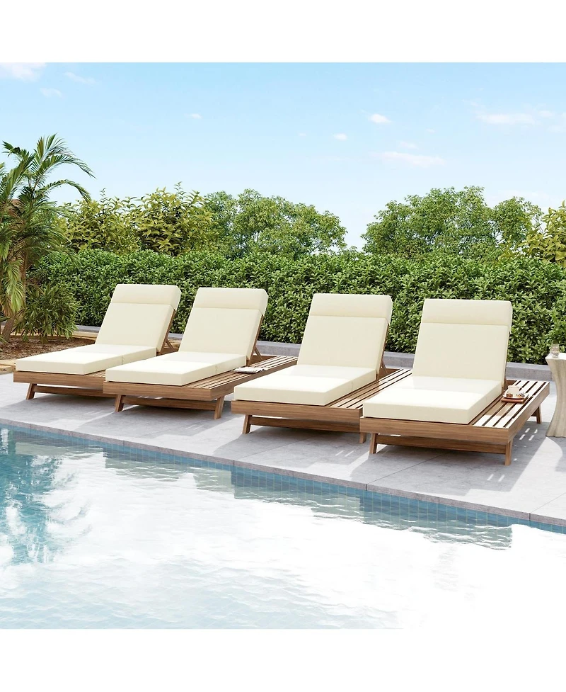 Asagikoiai Acacia Wood Outdoor Chaise Lounge with Headrest and 3-Fold Cushion