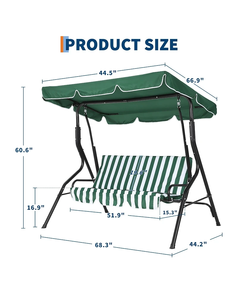 gaomon 3-Seat Outdoor Porch Swing Chair with Adjustable Canopy, Striped Cushions and Steel Frame Patio Glider for Backyard, Garden