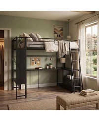 Full/Twin Size Metal Loft Bed with Desk, Storage Shelves and Charging Station