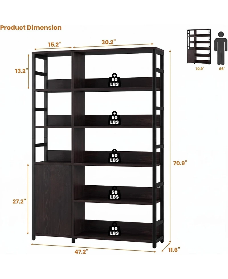 gaomon 71.1-Inch Industrial Bookcase with Door, 8 Open Shelves, Metal Frame, Adjustable Shelf, Protective Rails, for Living Room and Office