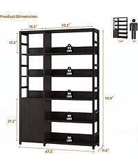 gaomon 71.1-Inch Industrial Bookcase with Door, 8 Open Shelves, Metal Frame, Adjustable Shelf, Protective Rails, for Living Room and Office