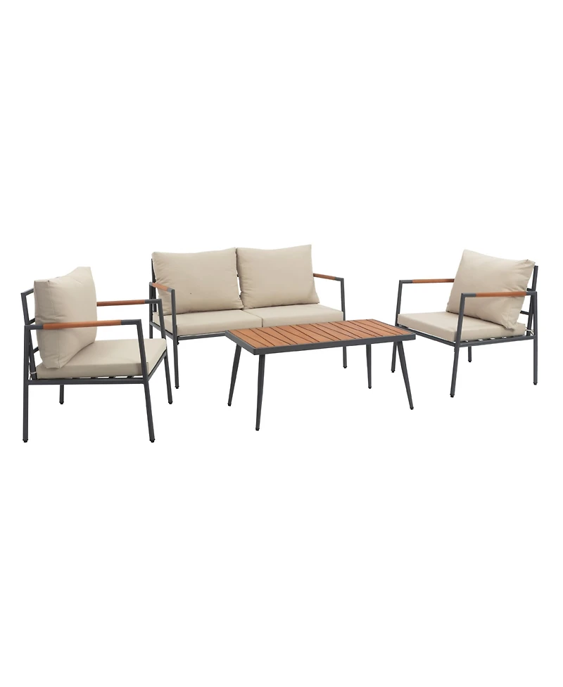 Teamson Home - Outdoor 4 Piece Steel frame Conversation Set with Wood Armrests and Cushions