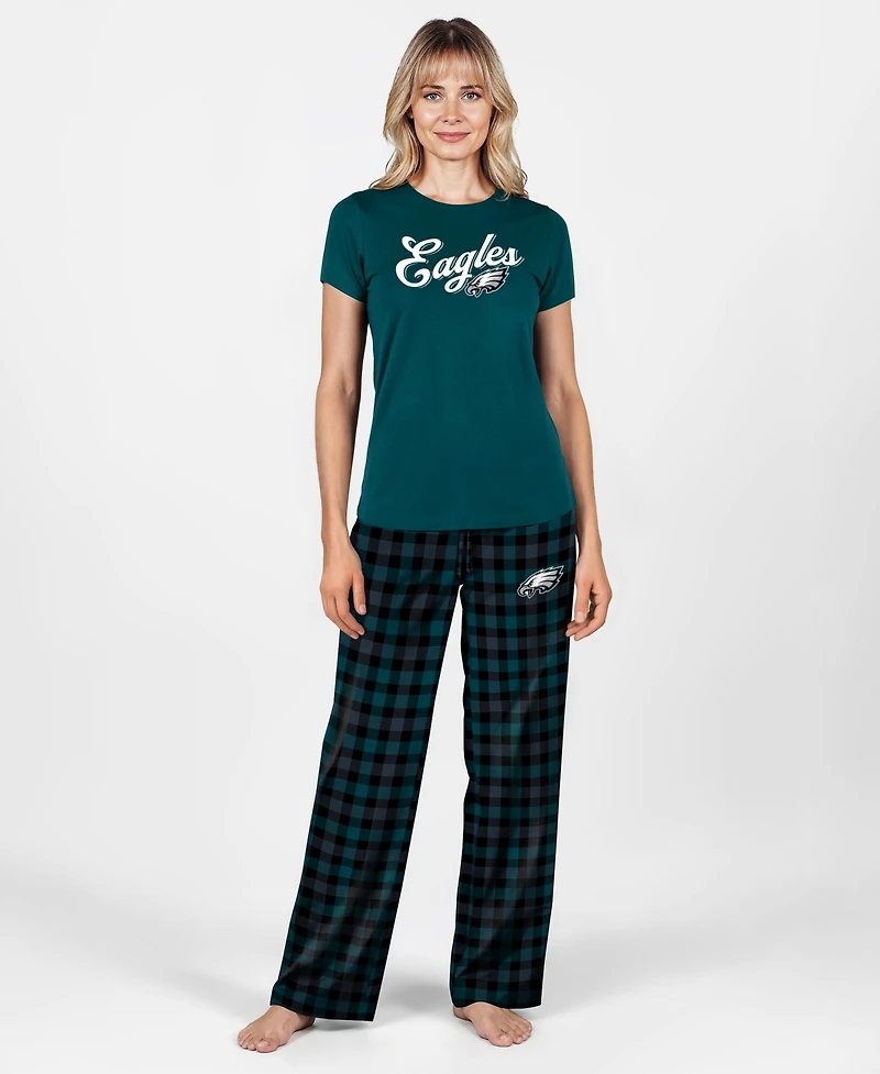Concepts Sport Women's Philadelphia Eagles Highland Sleep Set Short-Sleeve Plaid T-Shirt and Pants