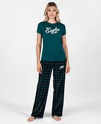 Concepts Sport Women's Philadelphia Eagles Highland Sleep Set Short-Sleeve Plaid T-Shirt and Pants