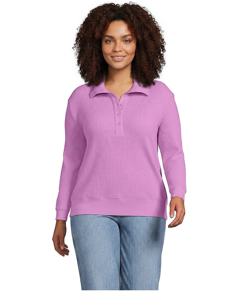 Lands' End Plus Long-Sleeve Waffle-Knit Button-Up Henley