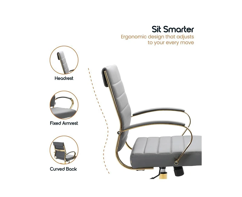 LeisureMod (Set of 2) Benmar Leather Office Chair with Gold Accents, Adjustable Height, Swivel Ergonomic Design for Home