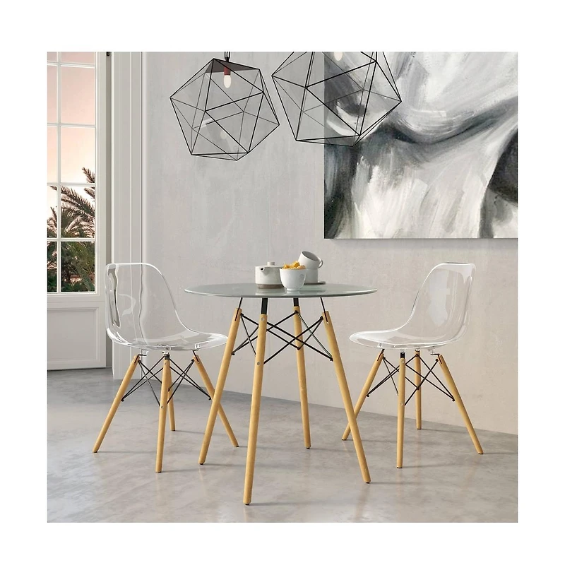 LeisureMod Dover Modern Molded Abs Plastic Dining Side Chair with Chrome Eiffel Base, Solid Beech Wood Legs, Ergonomic Contoured Seat, Set of 2